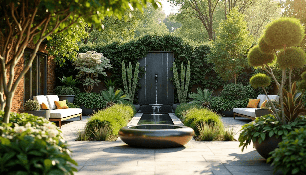 A modern courtyard garden with a tall water feature, a low round basin and planted beds