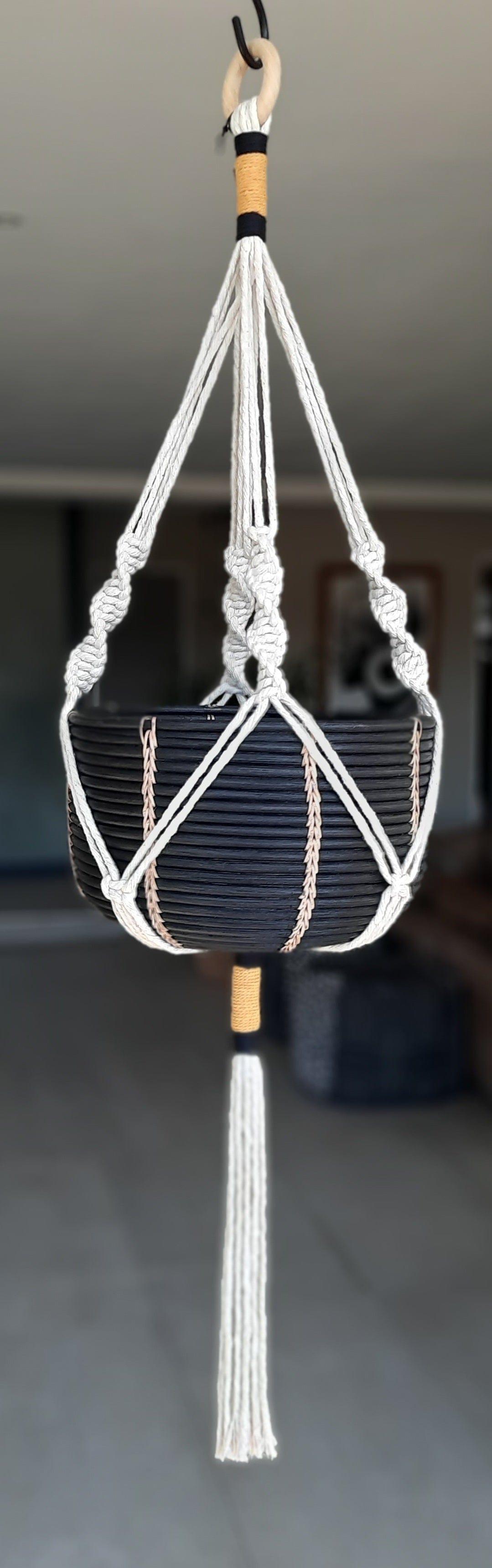 Single Tier Macrame | Black & Mustard Goji Macrame Gauteng Macrame